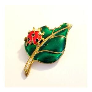 Vintage Enamel Leaf with Ladybug Brooch